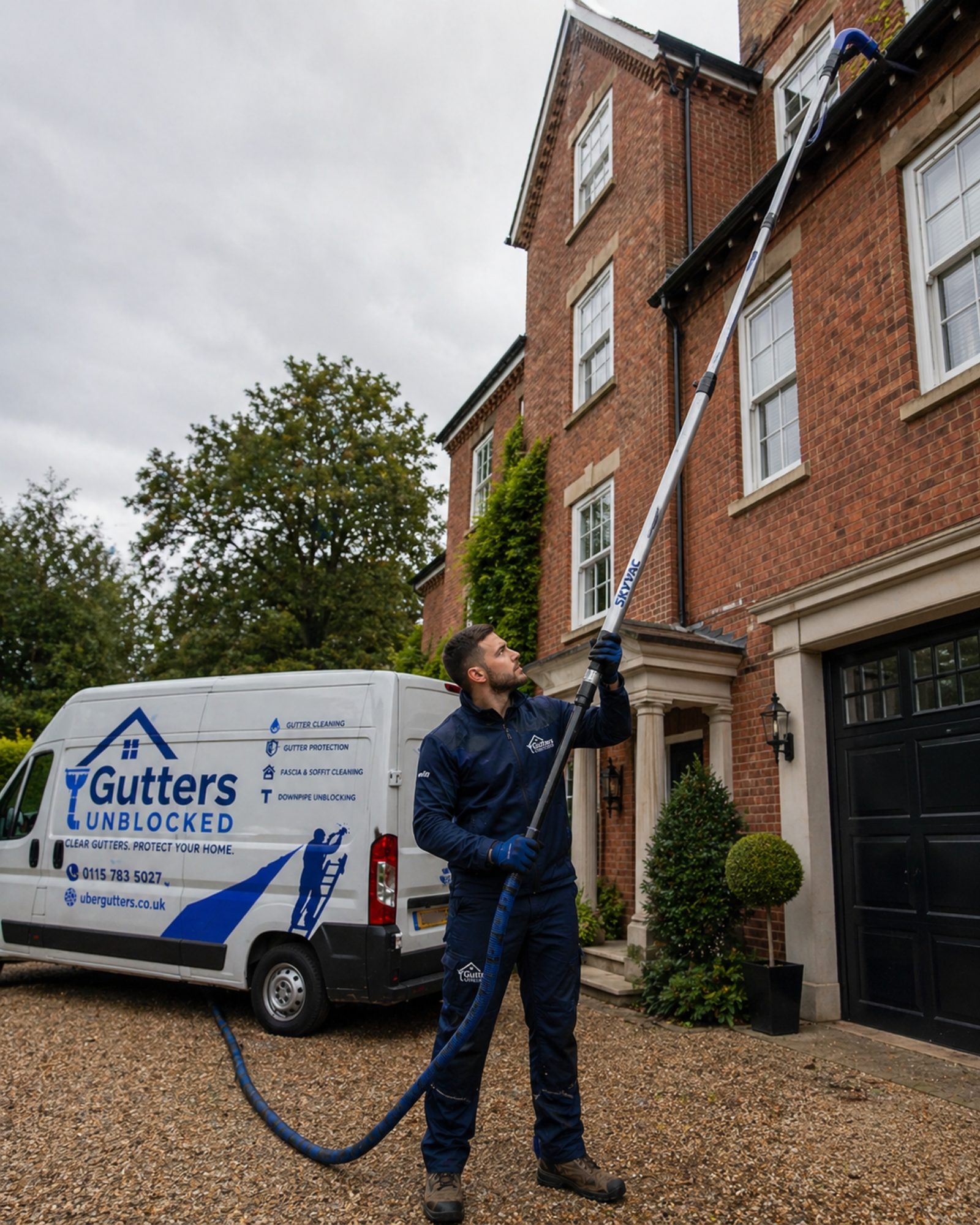 Gutters Unblocked engineer using SkyVac gutter cleaning equipment