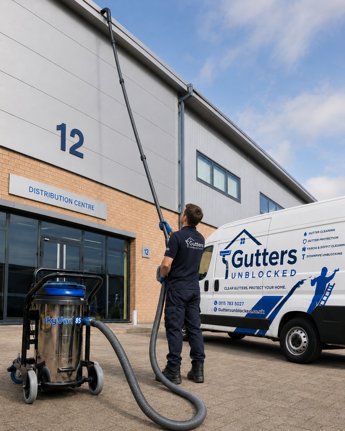 Gutters Unblocked engineer using SkyVac 85 ground-based gutter vacuum at a commercial distribution centre, branded company van in foreground